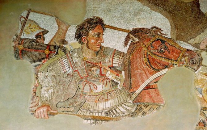 亚历山大大帝在庞贝城的古罗马马赛克碎片上的照片