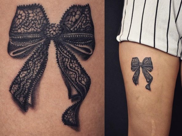 腿上的蕾丝蝴蝶结作为纹身
