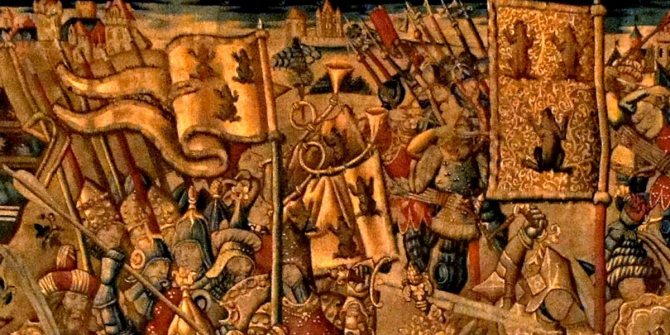Bătălia de la Tolbiac, fragment de tapiserie cu steagurile lui Chlodwig