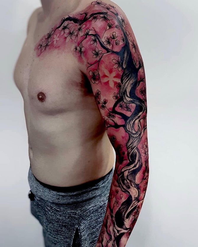 Big Sakura Tree Sleeve Tattoo pentru bărbați