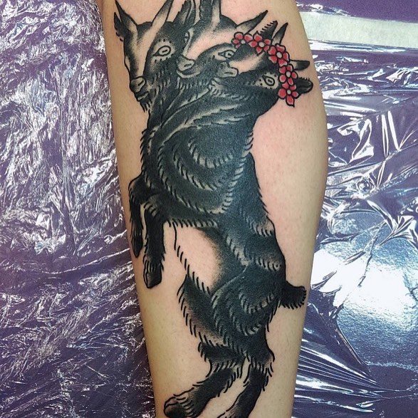 Tatuagem negra de uma cabra de três cabeças