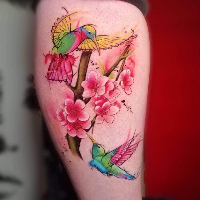 Farebné tetovanie kolibríka v blízkosti kvetov