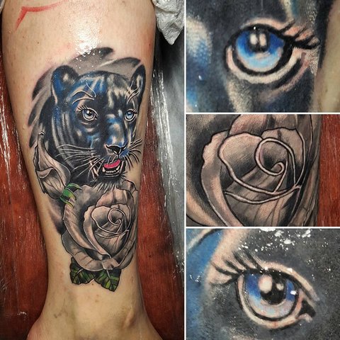 Farebné tetovanie pantera a kvetov