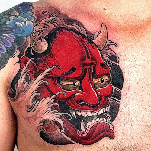 Demon Oni -tatuointi. Merkintä, käsivarteen, selkään, olkapäähän, kyynärvarteen.