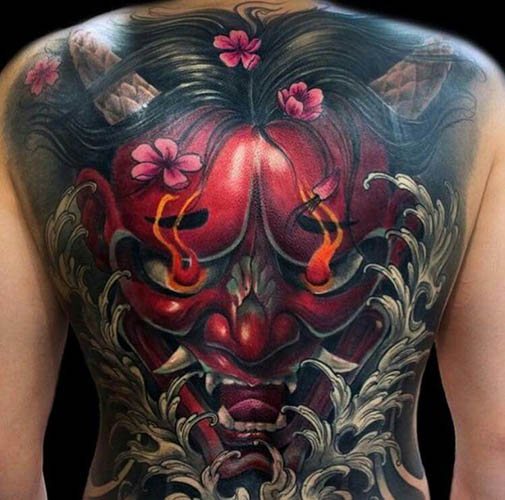Tatuagem do demónio Oni. Significa, no braço, costas, ombro, antebraço