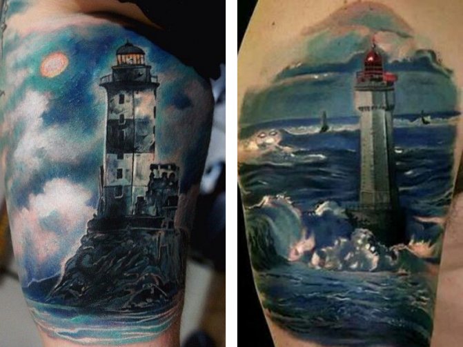 Twee gekleurde vuurtoren tattoos