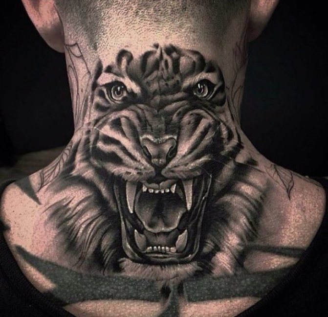 Egy látványos nagy tigris tetoválás egy bátor férfi nyakára