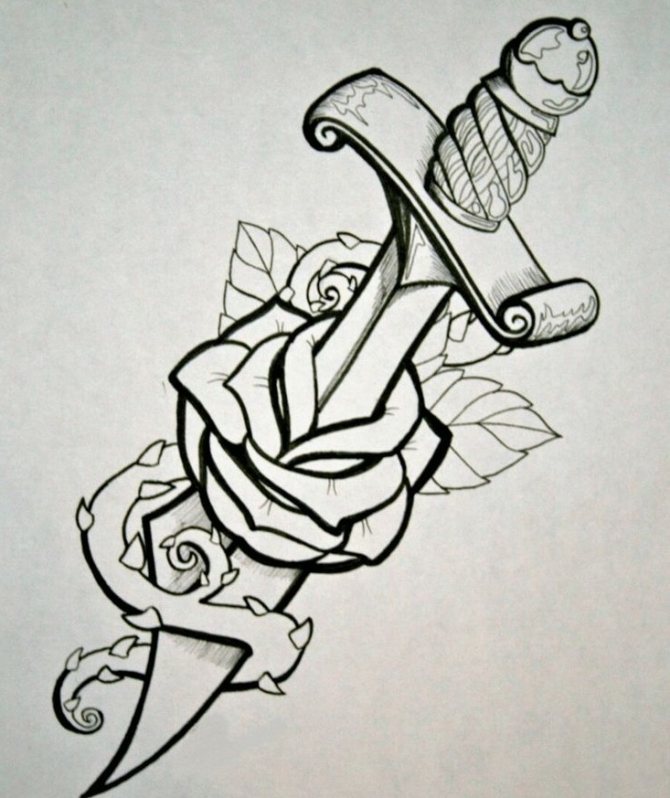 Náčrt tetovania ruže a dýky