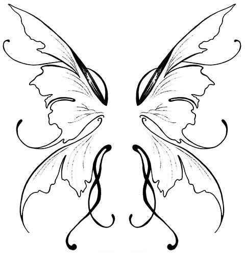 Schets voor vrouwelijke tatoeage met vleugels op rug
