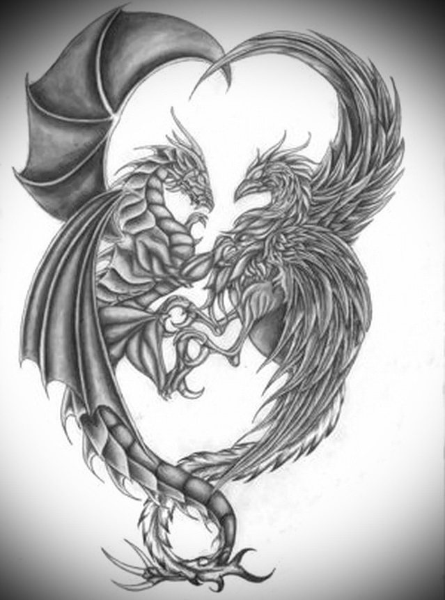 Schets van een tatoeage van een man met twee draken