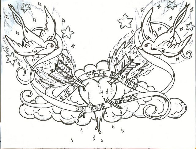 Σκίτσο τατουάζ της καρδιάς Χελιδόνι με επιγραφή