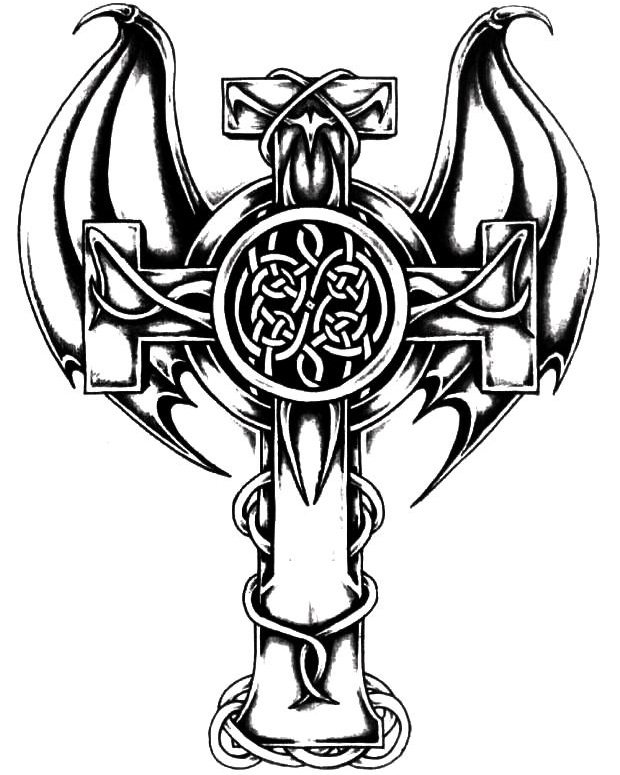Schets voor mannelijke tatoeage van Keltisch kruis met vleugels