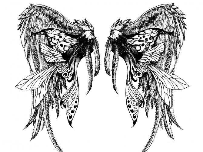 Skitse af en tatovering med vinger til en mand
