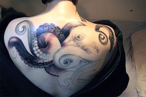 Luonnos naisen selän mustekala tatuointi