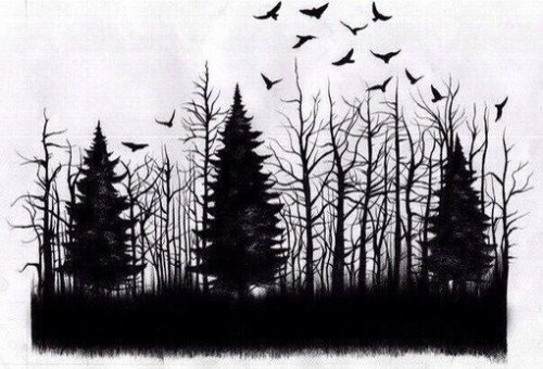 Schizzi di foresta di tatuaggi neri con uccelli