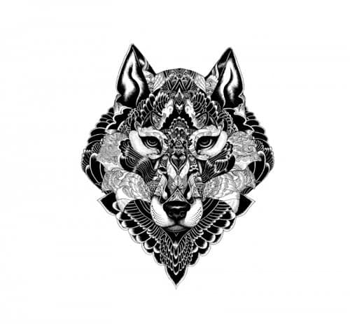 Esboços de lobo preto tatuado