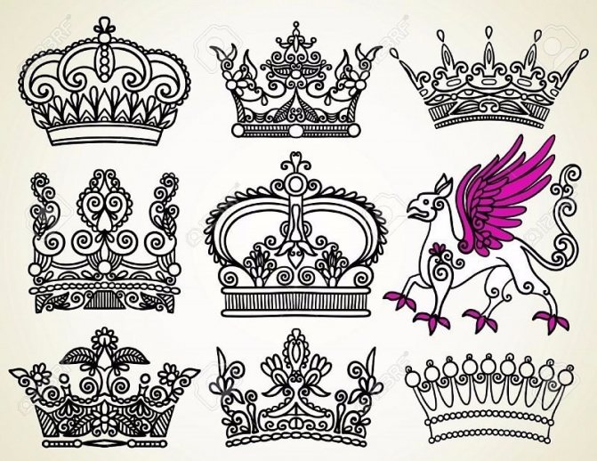 Luonnoksia tatuointeja varten kruunuja varten