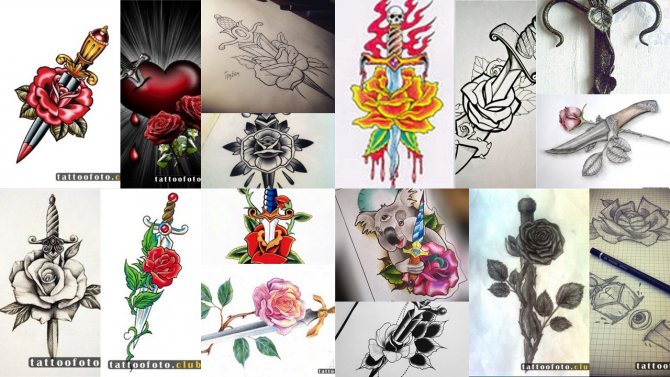 pumnal și modele de tatuaj de trandafir