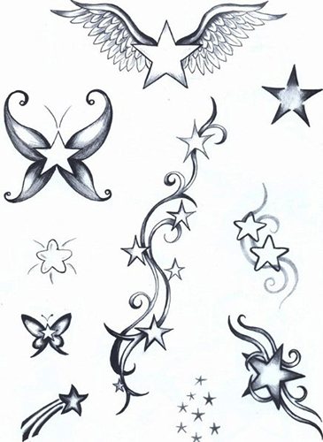 Skitser af tatoveringer til piger på armen. Små inskriptioner, blomster, geometri, armbånd