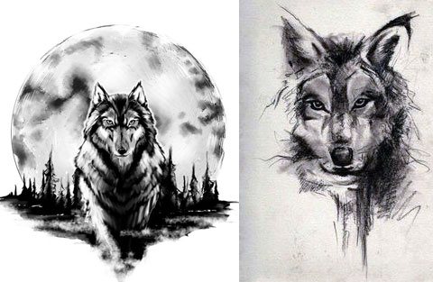 Скици на татуировка на вълк върху раменете