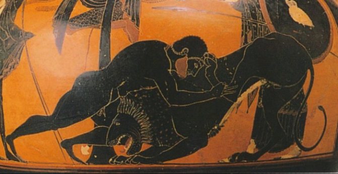 Herakles zabije nemejského leva. Fragment starogréckej vázovej maľby