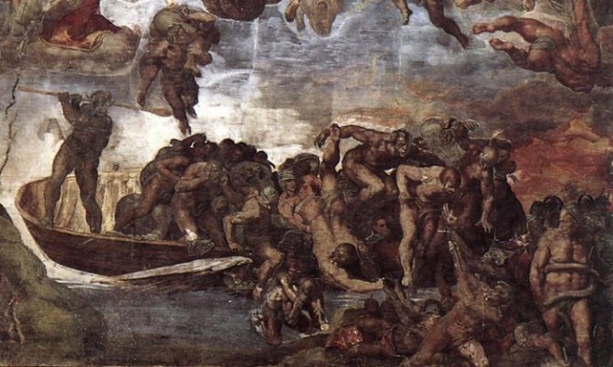 Charon laadt zijn boot uit. Fragment van een fresco van het Laatste Oordeel door Michelangelo in de Sixtijnse Kapel in het Vaticaan