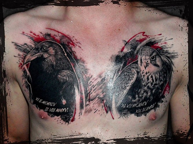 Tetovanie Huguin a Munin. Význam, vzory na chrbte, ramene, krku, ruke