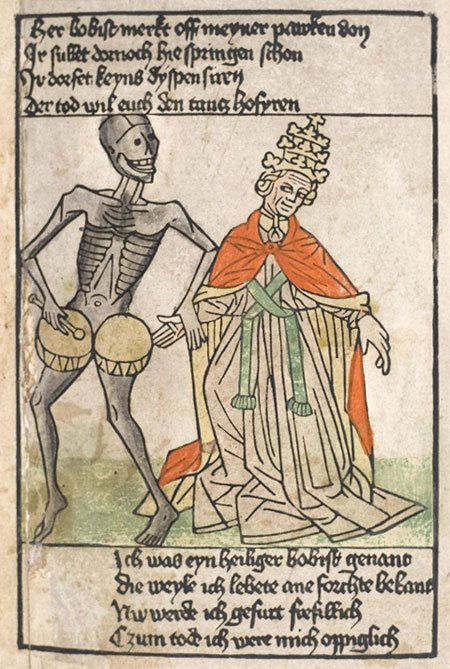 Ilustrație din Heidelberger Bilderkatechismus, autor necunoscut, 1455. Posibil una dintre cele mai vechi reprezentări ale Dansului morții.