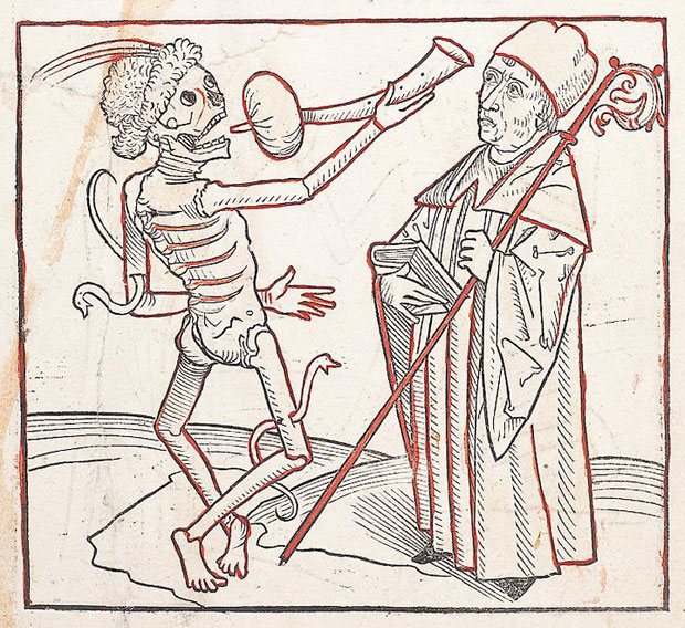 Ilustrație din Heidelberger Totentanz, autor necunoscut, 1488. Cercetătorii consideră că aceasta este prima carte dedicată exclusiv Dansului Morții. Cartea conține o serie de 38 de xilogravuri în care moartea este vizitată de cetățeni cu diferite ocupații.