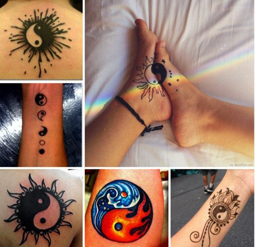 Tetovaža Yin-Yang. Kaj to pomeni, skice na roki, vratu, hrbtu, nogah za pare, moške in dekleta. Fotografija
