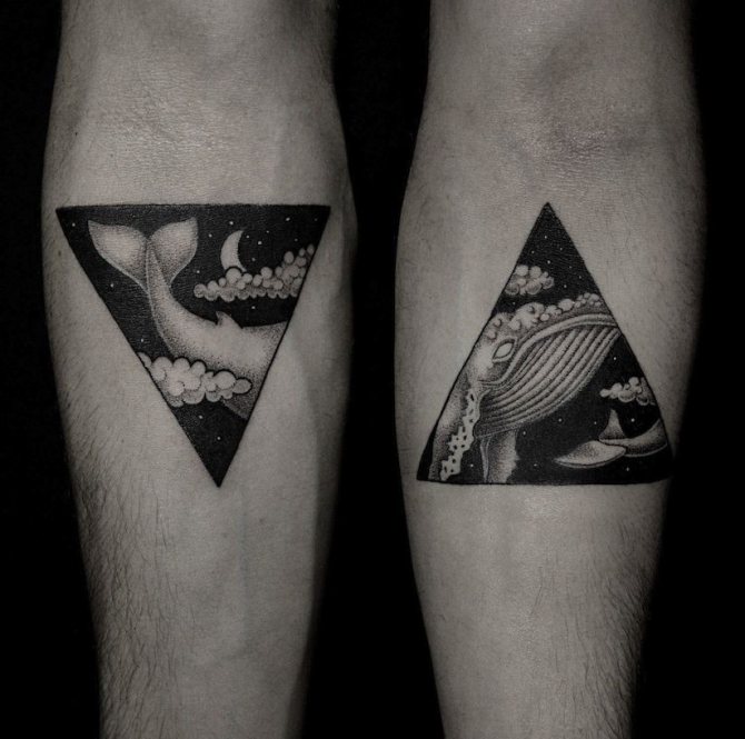 Interessante variante del tatuaggio a vapore - balena in un triangolo
