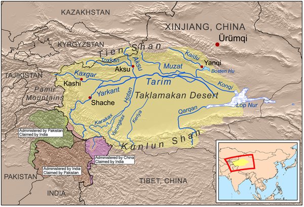 Mapa povodí řeky Tarim a pouště Takla Makan
