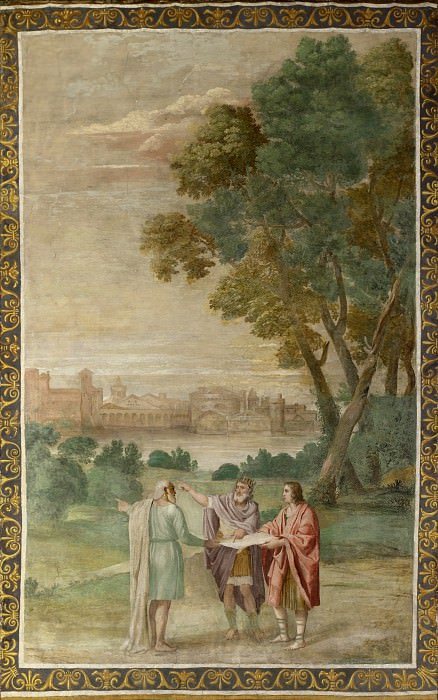 Maleri - Domenikino og Helper. Apollon og Neptun viser vejen til Laomedon. Det britiske nationalgalleri, London, Storbritannien