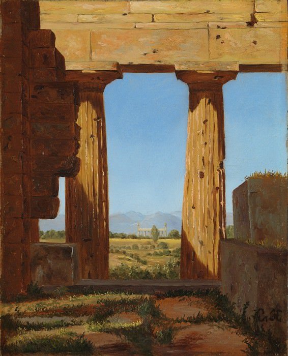 Pictură de Constantin Hansen. Coloanele Templului lui Neptun din Paestum. Muzeul Metropolitan de Artă, New York, SUA