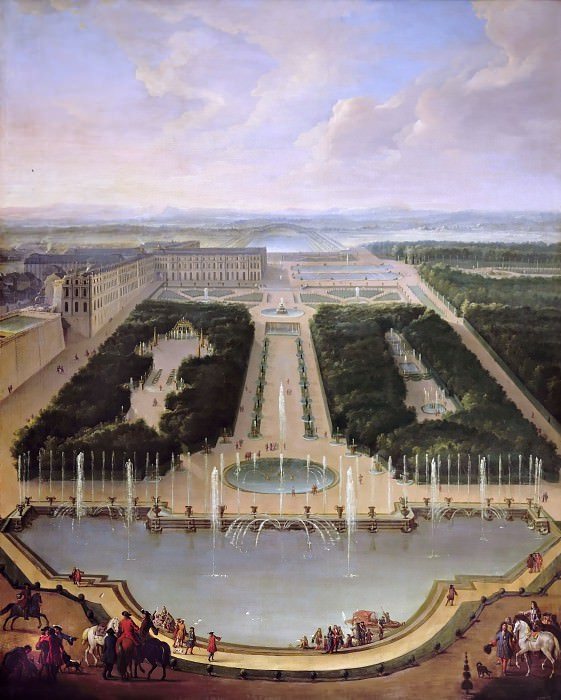 Maleri - Jean-Baptiste Martin. Dragen og Neptun-fontænen i Versailles, 1700 Versailles Slot, Paris, Frankrig