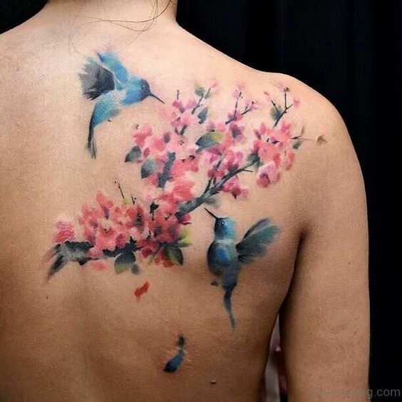 Kolibrík a kvetina Kvetinová vetvička v akvareli
