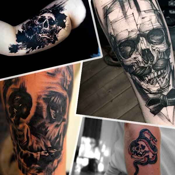 Collage foto met mannelijke schedel tatoeages op armen.