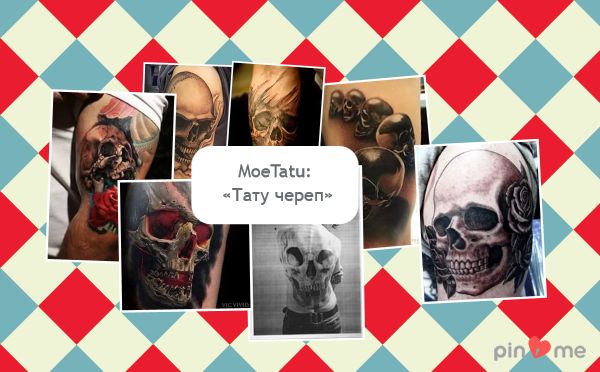 Nuotraukų su vyrų kaukolių tatuiruotėmis koliažas.
