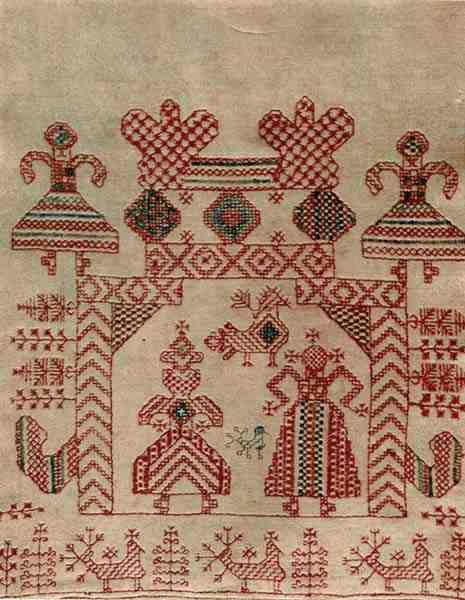毛巾端。十九世纪下半叶。 奥洛涅茨卡亚省，卡戈波尔斯基区。双面和双面缝制。