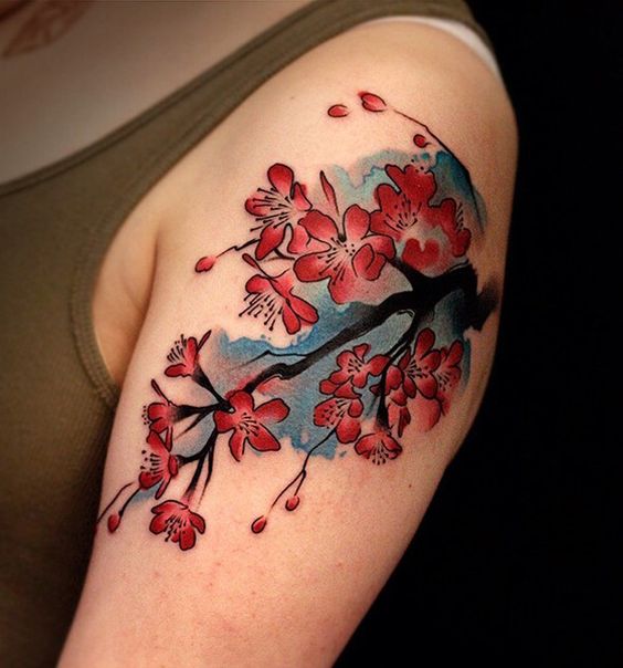 Krásne tetovanie Waterlude of Cherry na ramene