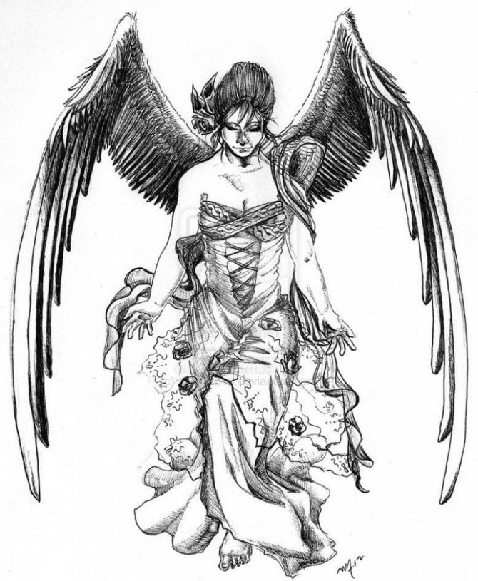 Gražus angeliškas tatuiruotės eskizas moters formoje