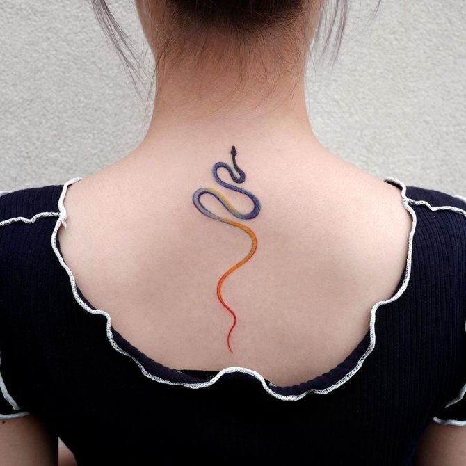 Tatuaggio di un piccolo serpente sulla schiena di una ragazza