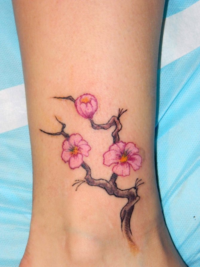 Pieni kirsikankukan oksa pienenä tatuointina jalassa