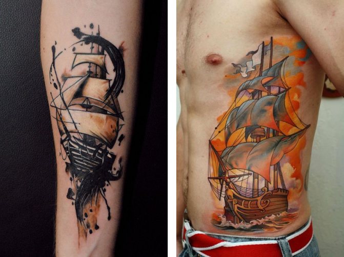 航海纹身 - 指南针和船：含义，男性和女性的草图