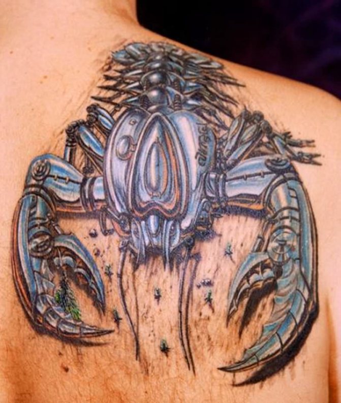 Dimensionel tatovering på en mands skulderblad
