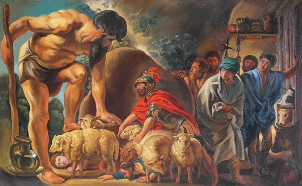 Odysseus in de grot van Polyphemus, een schilderij van Jacob Jordanes