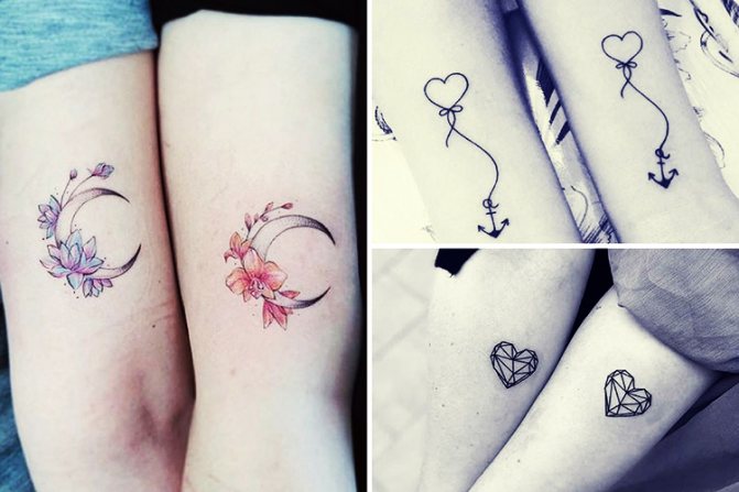 Tatoveringer til veninder små parret på armen, benet, håndleddet, kravebenet. Foto