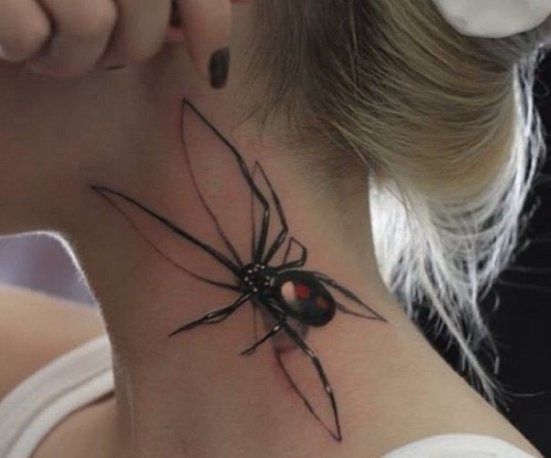 Spin met dunne poten op de nek van een vrouw.