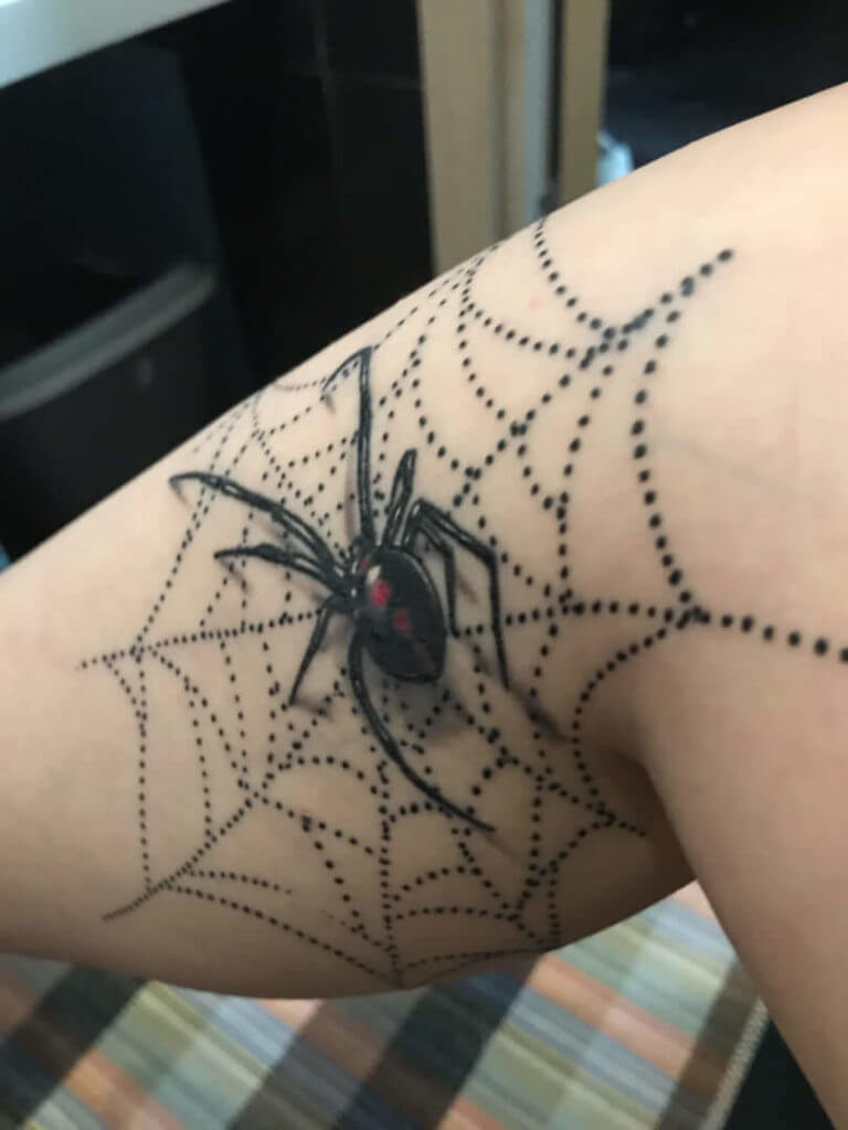 Hämähäkki hämähäkinseitissä hänen jalassaan