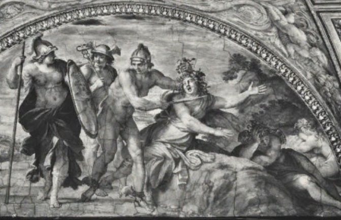 ペルセウスがゴルゴンのメデューサを退治する。A.カラッチによる壁画の断片